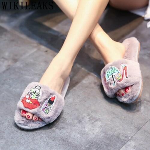Spring plush slippers home shoes furry slippers luxury shoes fashion ladies winter indoor slippers flat shoes women buty damskie