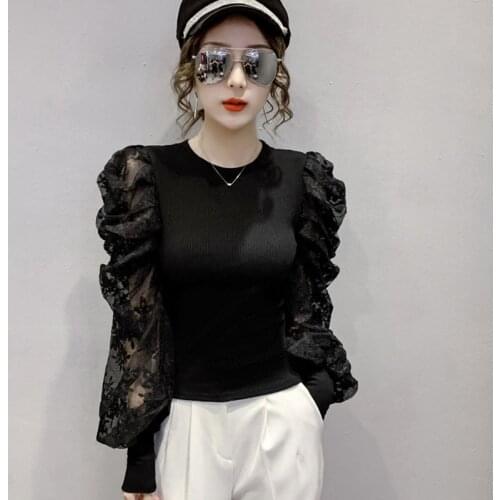 Spring Autumn Womens Blouse European Style Lace Lantern Sleeve Stitching Top New Long-sleeved Slimming Female Tops LL229