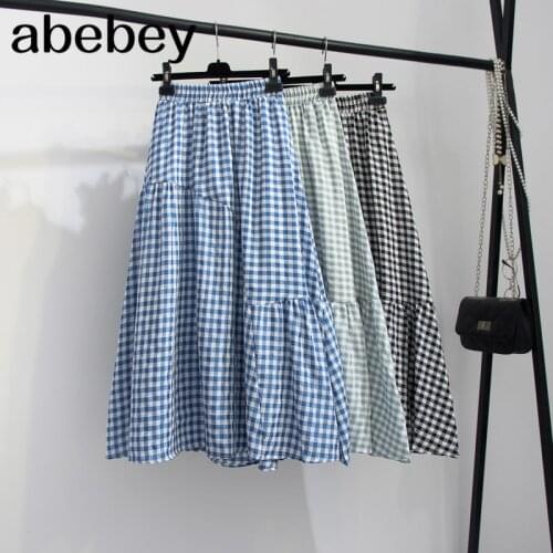 Womens Long Skirts 2021 Vintage Plaid Check Skirt Pleated Faldas Bohemian Jupe Femme Casual Skirts