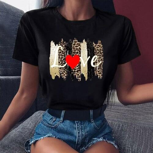 FIXSYS Women Leopard Love Short Sleeve Printing Fashion Lady Black Clothes Print Tshirt Female Tee Top Ladies Graphic T-shirt