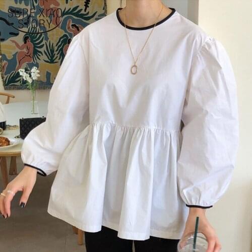 Women Doll Shirt Causal Puff Long Sleeve Hit Color O-neck Blouse 2021 Autumn New Korean Sweet Top Blusas Feminimos White 15333