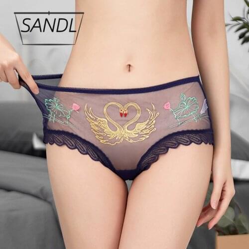 SANDL Underwear Women Panties Sexy Lace Cotton Briefs Transparent Mid-Waist Underpants Swan Pattern Female Lingerie Fashion