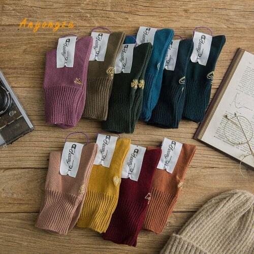 Double Needles Thick Thread Embroidery Autumn Winter Pure Cotton Middle Tuube Women Socks 12 pair/lot