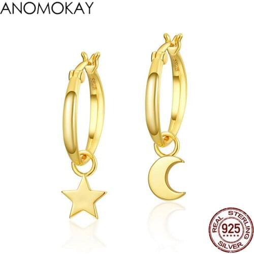 Anomokay New Arrival Asymmetry Star Moon Gold Color Drop Earrings 925 Sterling Silver Mysterious Starry Sky Earring for Women