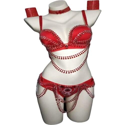 Women New Singer Parties Lavish Shiny Rhinestone Bikini Bra Sexy Set Stage Costumes Indian Jewelry Dj Ds Dance Costume Red Set