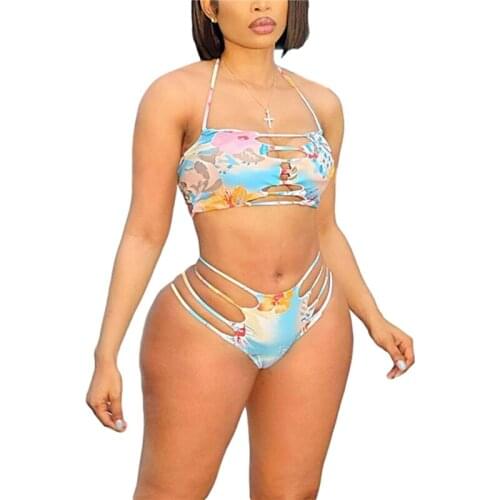 Hirigin 2021 New 2Pcs Women Summer Bikini, Flower Print Hollow-Out Halter-Neck Tops + Low-Waist Briefs Swimsuit for Girls
