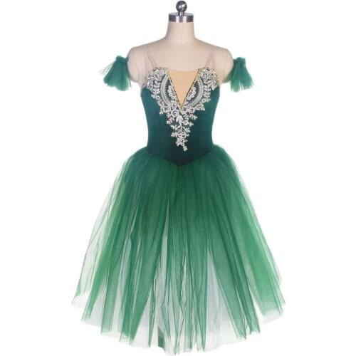 21318 Green Velvet Bodice Ballet Costume Long Romantic Ballet Tutu Girl and Women Ballet Dancewear