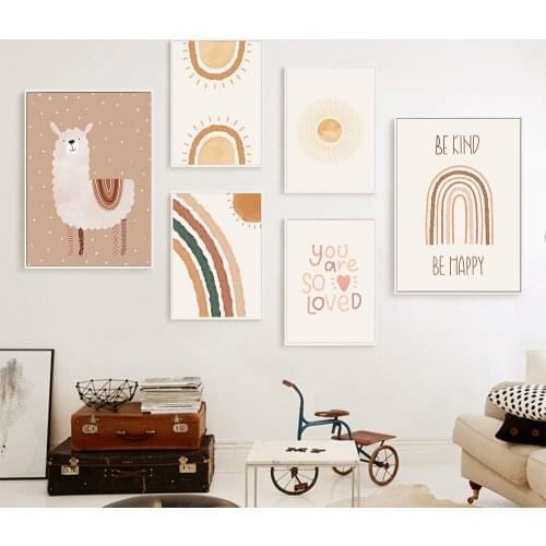 Abstract Painting Rainbow Canvas Alpaca Art Print Kids Posters and Prints Nordic Wall Art Pictures For Living Room Decoration