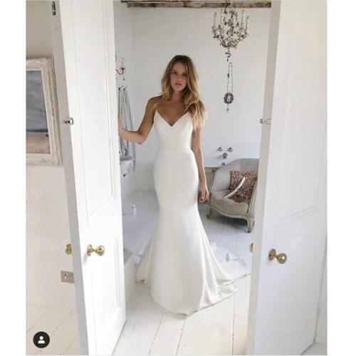 White Satin V Neck Wedding Dresses 2020 Dubai Mermaid Bridal Wedding Gown Kaftans Islamic Floor Length Bride Vestido De Noiva