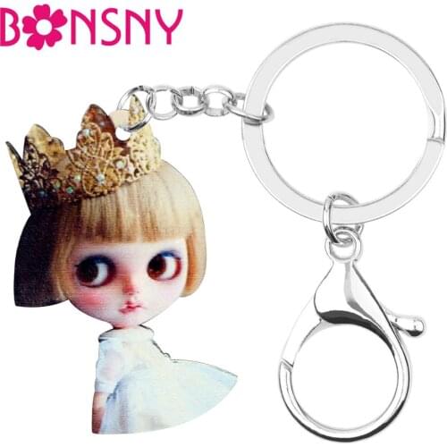 Bonsny Acrylic Sweet Short Gold Hair Crown Girl Doll Key Chain Rings Bag Car Purse New Cartoon Keychain Women Girl Lady Hot Sale