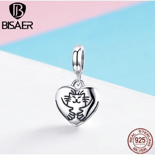 BISAER 925 Sterling Silver Cat Love Heart Shape Pussy Heart Charm Beads fit Bracelet Beads for Silver 925 Jewelry Making ECC955