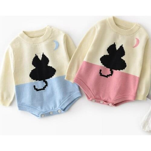Winter Baby Girl Clothes Knitting Cute Cartoon Animal Cat Moon Print Patchwork Long Sleeve Baby Romper Baby Boy Clothes 0-18M