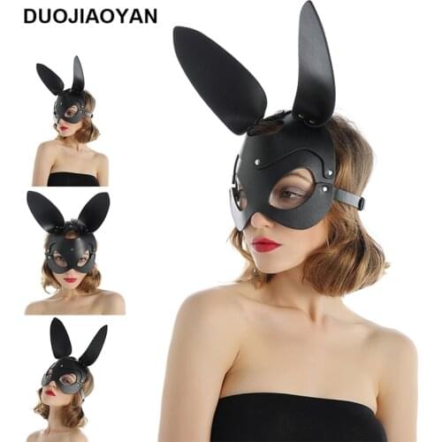 DUOJIAOYAN European and American new style pu leather bunny ears mask adjustable prom party bunny girl