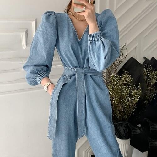 Casual V-neck Denim Jumpsuits Women Spring Autumn Jeans Long Sleeve Loose Rompers Korean Chic Lace-up Slim Waist Clothes