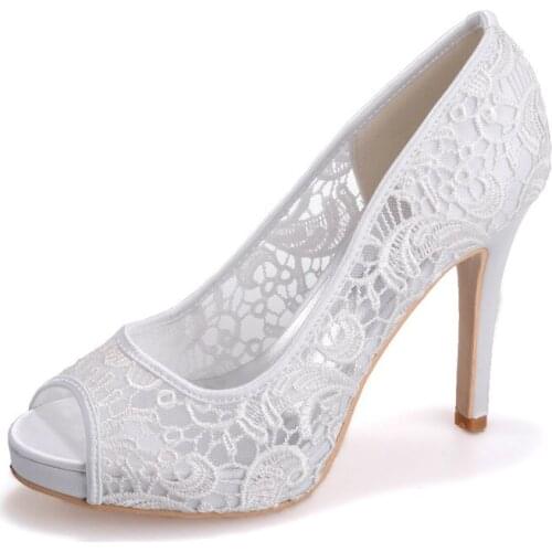 Elegant lace see through breathable mesh open peep toe woman pumps bridal wedding party dress shoes ivory white