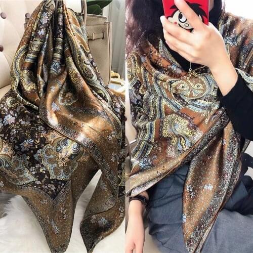Coffee Gold 100% Mulberry Silk Womens Scarf Bandana Fashion Plaisley Style Square Scarves Hijabs Winter Brand Headscarf Foulard