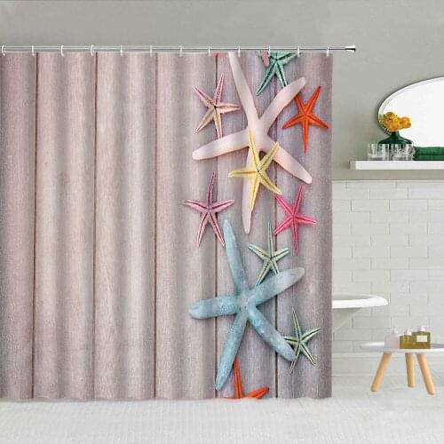 Colorful Starfish Shower Curtain Wood Plank Striped Backdrop Child Bath Bathroom Screen Seaside Scenery Fabric Hooks Curtains