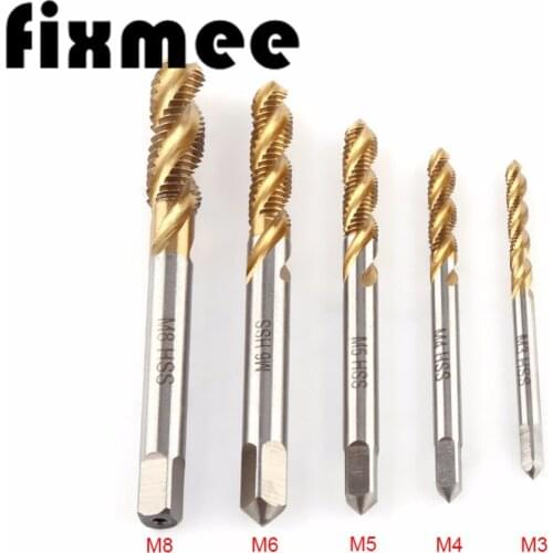 5pc/lot Titanium Coated Thread Tap Drill Metric Hss Spiral Fluted Machine Screw Tap M3 M4 M5 M6 M8 Spiral Pointed Taps