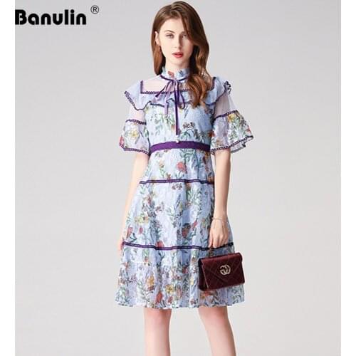 Banulin Runway Summer Sweet Lace Dress Female Elegant Ruffles Slim Party Mini Dresses Sexy Lace Floral Embroidery Work Vestidos