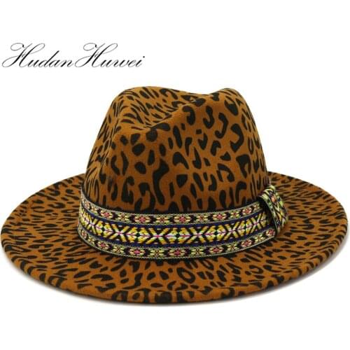 Autumn Winter Men Women New Leopard Grain Oversized Church Woolen Fedora Jazz Hat with Wide Brim Top Caps