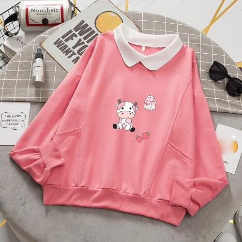 Casual Pullover Hoodie Strawberry Cow Jumper Cotton Best Friend Sweatsuit Long Sleeve for Teens Gift Women Aesthetic Sweatshirts