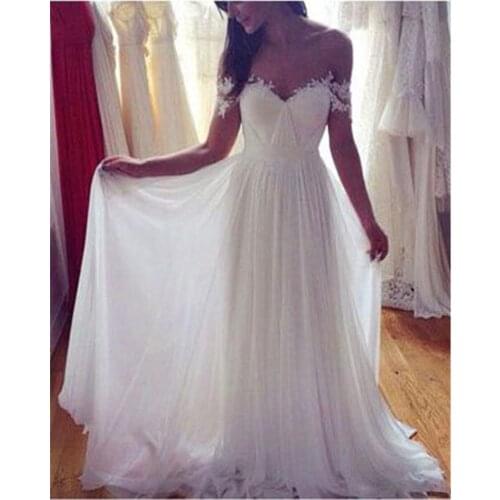 Simple Off Shoulder Wedding Dress Ruched Chiffon Short Sleeves Long Wedding Dress with Lace Applique Sweep Train Bridal Dress