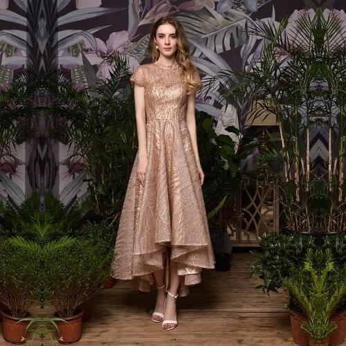 Rose Gold Long Prom Dresses 2020 Short Front Long Back Bling Sequined O-Neck Cap Sleeves Evening Party Gown