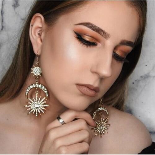 HYSECMAO Luxury Sun Moon Drop Dangle Earrings Rhinestone Punk Earrings for Women Golden Boho Vintage Statement Earrings Jewelry