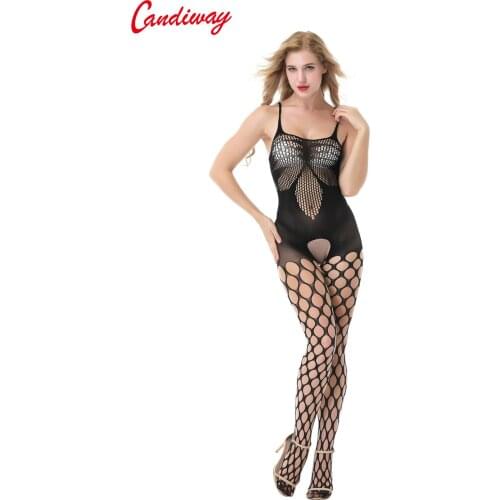 Candiway Sexy teddy bodysuit stockings Sling Erotic lingerie Costumes big Hollow out Netting Intimates open crotch clothes