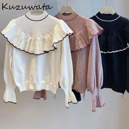 Knitted Sweet Vintage Women Sweaters Solid Color Loose Ruffles Patchwork Pullovers Autumn New Chic Flare Sleeve Tops