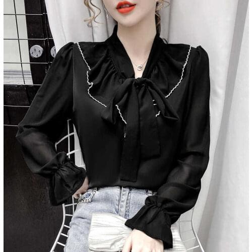 Spring/Summer 2021 V-neck Long Sleeve Chiffon Shirt Bell Sleeve Top Womens Clothing Blouse Women Blusas Ropa De Mujer