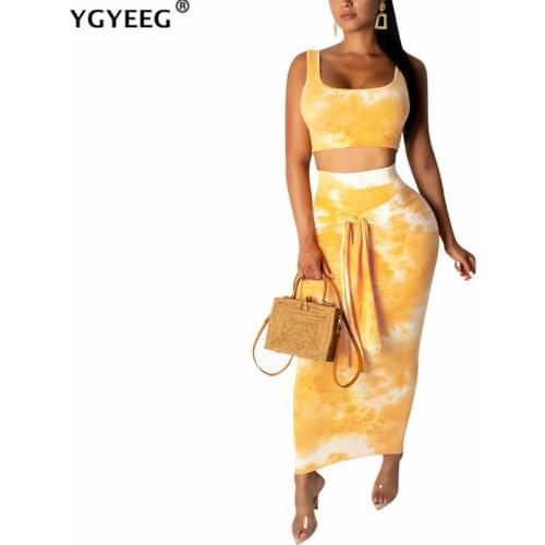 YGYEEG Knit Two Piece Set Crop Top And Long Skirt Women Summer Gradient Colour Sleeveless Vest Suit Sexy Club Party Blue Clothes