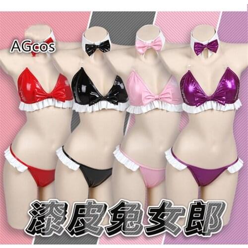 AGCOS Original Patent Leather Swimsuits Woman Bunny Girl Lovely Sexy Uniform Rabbit Tail Cosplay Costume Bra+Shorts Bikini
