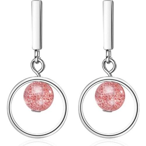 New Personality Round Ball Strawberry Crystal 925 Sterling Silver Jewelry Pink Stroke Peach Women Dangle Earrings SE650