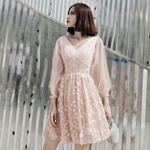 Prom Gowns Appliques Fashion V-Neck Full Sleeves A-Line Empire Above Knee New Pink Plus size Customized Woman Party Dress A1260