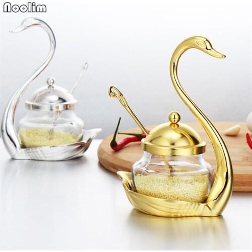 NOOLIM 1 Piece Gold and Sliver Sugar Jar Saltcellar Glass with Spoon for Coffee Berry Jam Syrup Cream Spice Salt Sugar Bowl Gift