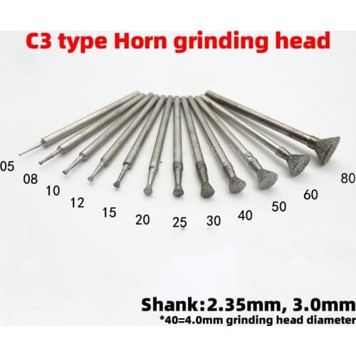 1Pcs C3 Type Horn Nail Jade Carving Grinding Heads Diamond Bits Stylus Stone Engraving Needle Glass Polishing Sharpening Wheel
