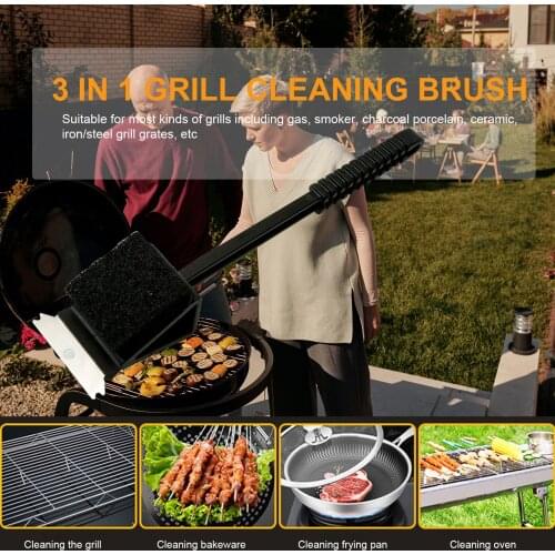 3 in 1 Grill Cleaning Brush Scraper Sponge BBQ Cleaning Brush Barbecue Cleaner for Gas Charcoal Porcelain Grill Tools Cleaner