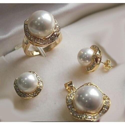 White South sea Shell Pearl Earrings Necklace Ring Set AAA style Fine Noble real Natural