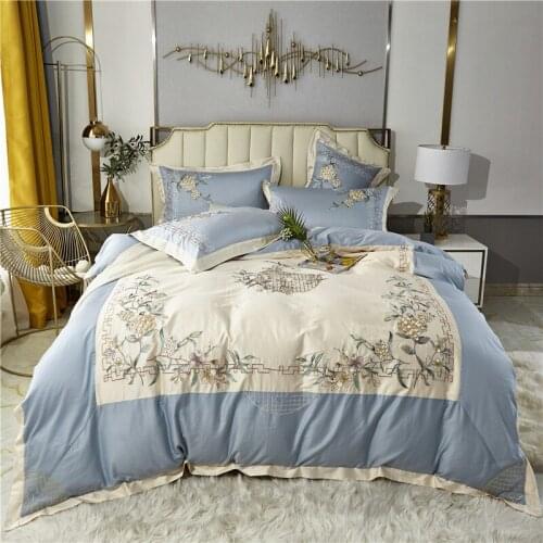 Elegant embroidery bedlinen blue Bedding Set King Queen Size Bed Linen egyptian cotton Duvet Cover Bed Sheet Set Pillowcases