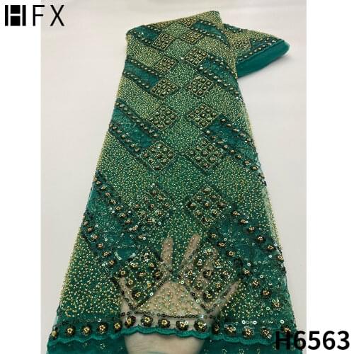 HFX Green Sequins Beaded Embroidery French Tulle Lace Fabric 2021 High Quality African Net Lace Fabric For Wedding Dress F5228