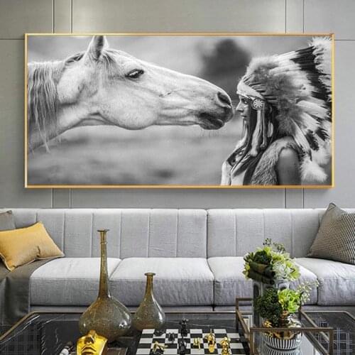 Indian Woman and White Horse Canvas Art Painting Posters and Prints Wall Pictures Paintings Living Room Wall Restaurant Decor