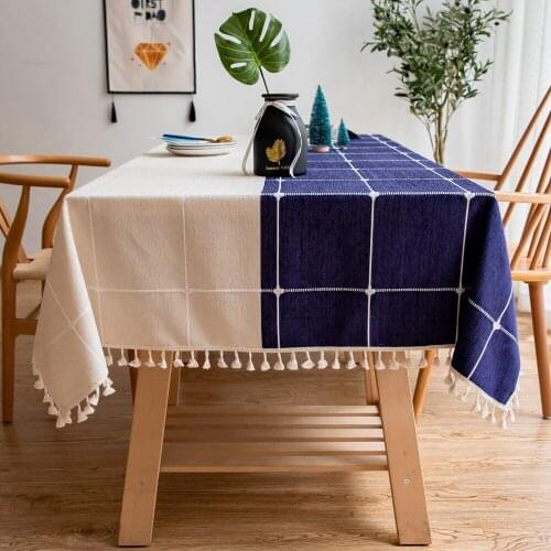 Creative Cotton Linen Tablecloth Blue Plaid Splicing Tassel Washable Dust-proof Home Table Cover Washable Fabric Cover Cloth