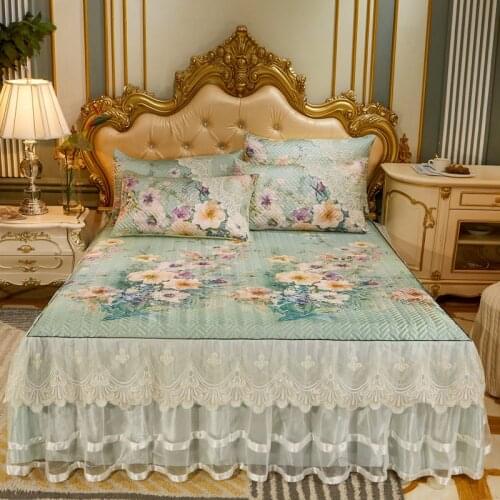 Korean Lace Flower Bed Skirt Cool Summer Bed Cover King Size Queen Ice Silk Folding Bedspread Quilted Soft Pillow Shams 3pcs