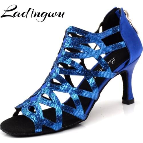 Ladingwu Woman Latin Dance Shoes Blue Glitter and Satin Sandals For Dance Shoes For Ballroom Dancing Heel For Women Salsa Shoes