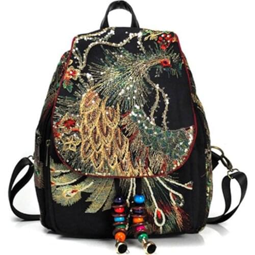 Hot Selling Vintage Backpack Phoenix Embroideried Beads Women Knapsack Daypack Travel Shoulder Bag
