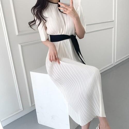 JSXDHK Runway Designer Koreay Chic Summer Midi Dress Elegant Womens Short Sleeve Lace Up Dress Loose Pleated White Vestidos