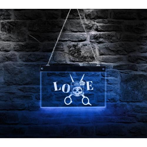 Fashion Barber Shop Scissor Night Light Display Sign Hair Cut Beauty Salon Hairdresser Skull Logo Color Changing LED Neon Sign