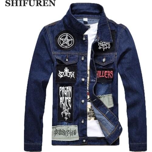 SHIFUREN Men Jeans Jacket Patch Designs Male Long Sleeve Cotton Denim Jacket Single Breasted Punk Rock Style Cowboy Streetwear