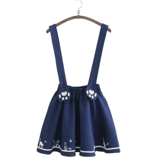 Merry Pretty New Summer Women Skirts Cartoon Cat Dog Embroidery Skirt Harajuku Kawaii Japan Style Cute Chiffon Strap Mini Skirt